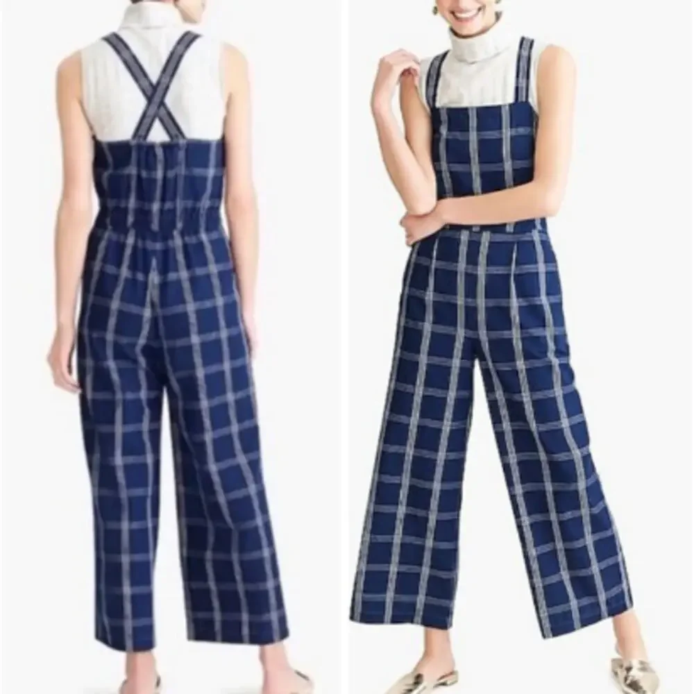 J. Crew Windowpane Cross-Back Jumper Size 2 in Blue & White Cottage Core - Picture 1 of 15